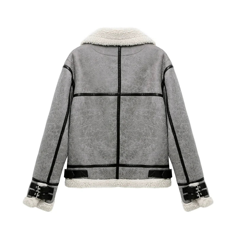 2023 men's and Unisex new gray thick lapel fur one fleece double-sided jacket Warm men's motorcycle jacket top