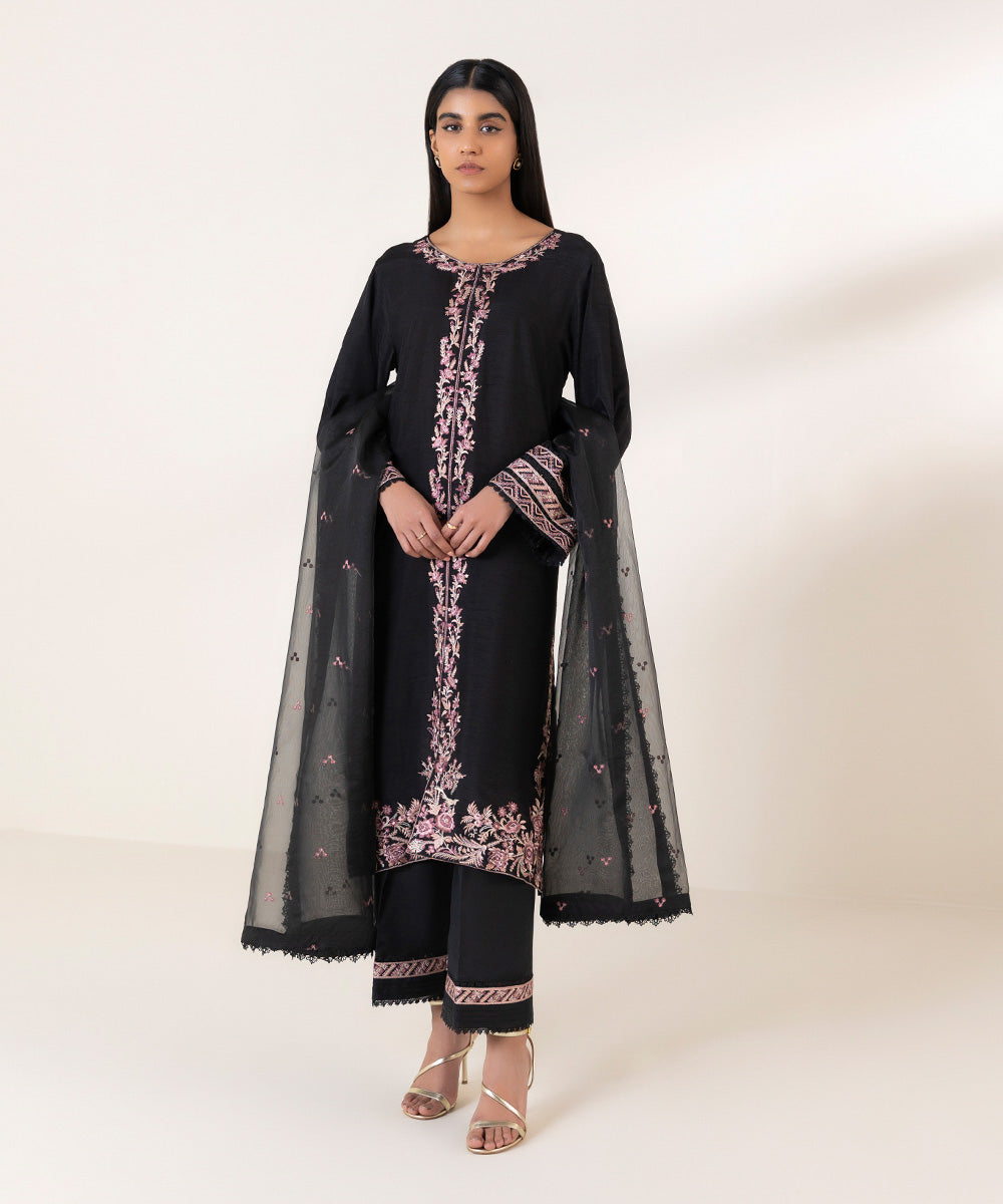 3 Piece - Embroidered Raw Silk Suit