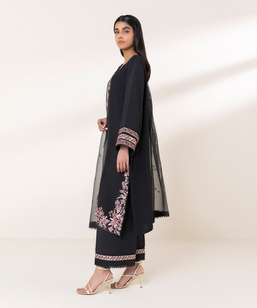 3 Piece - Embroidered Raw Silk Suit