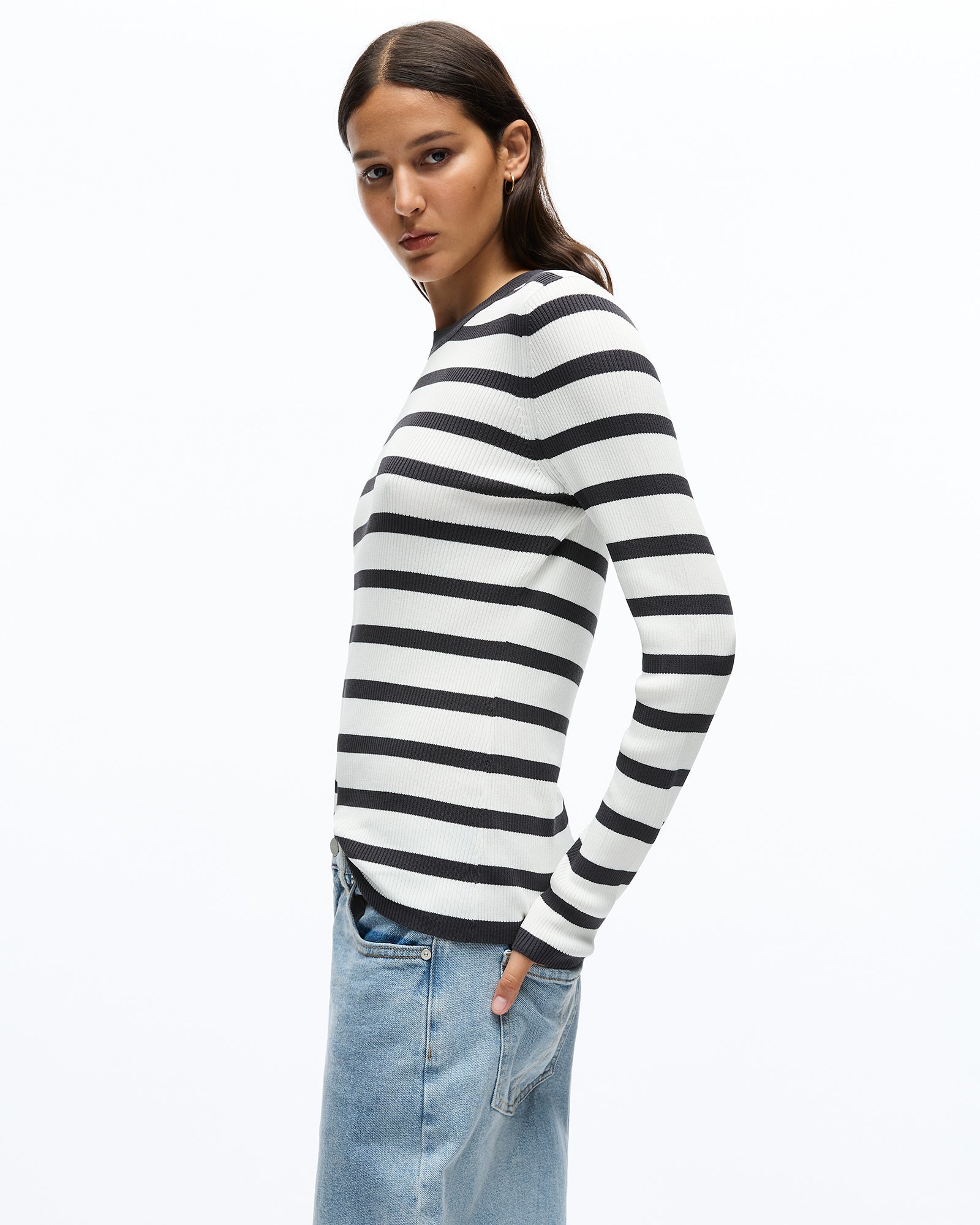 AGNES LONG SLEEVE KNIT TOP - CHARCOAL STRIPE