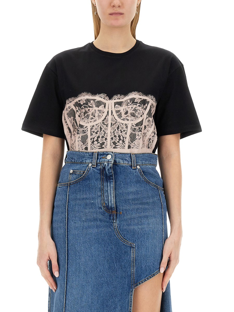 ALEXANDER McQUEEN    COTTON JERSEY T-SHIRT WITH LACE CORSET PRINT