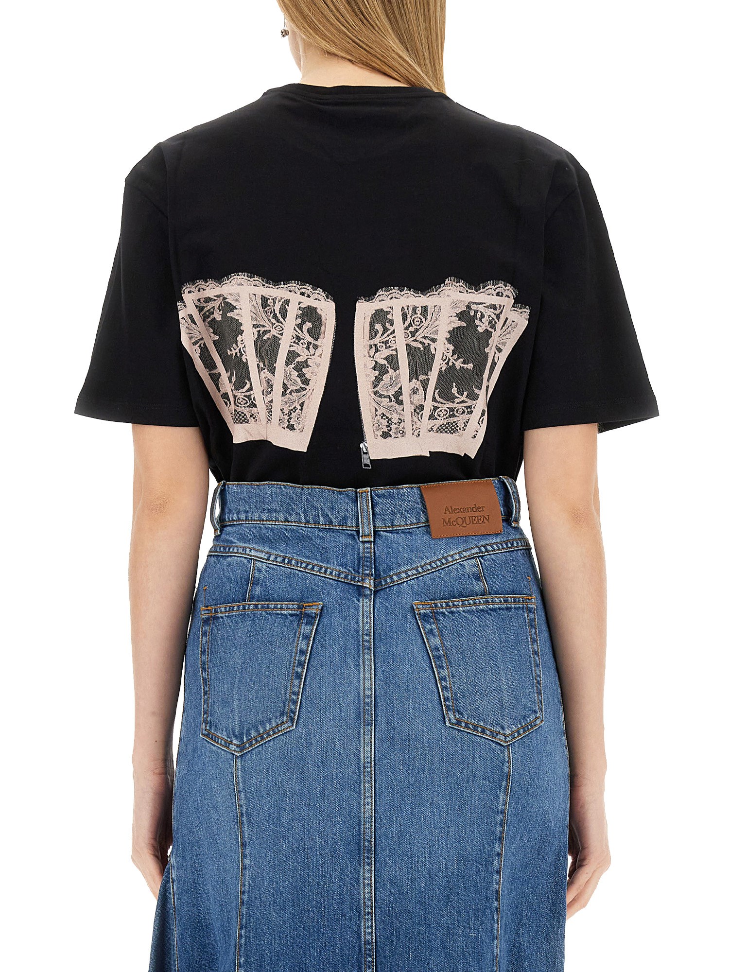 ALEXANDER McQUEEN    COTTON JERSEY T-SHIRT WITH LACE CORSET PRINT