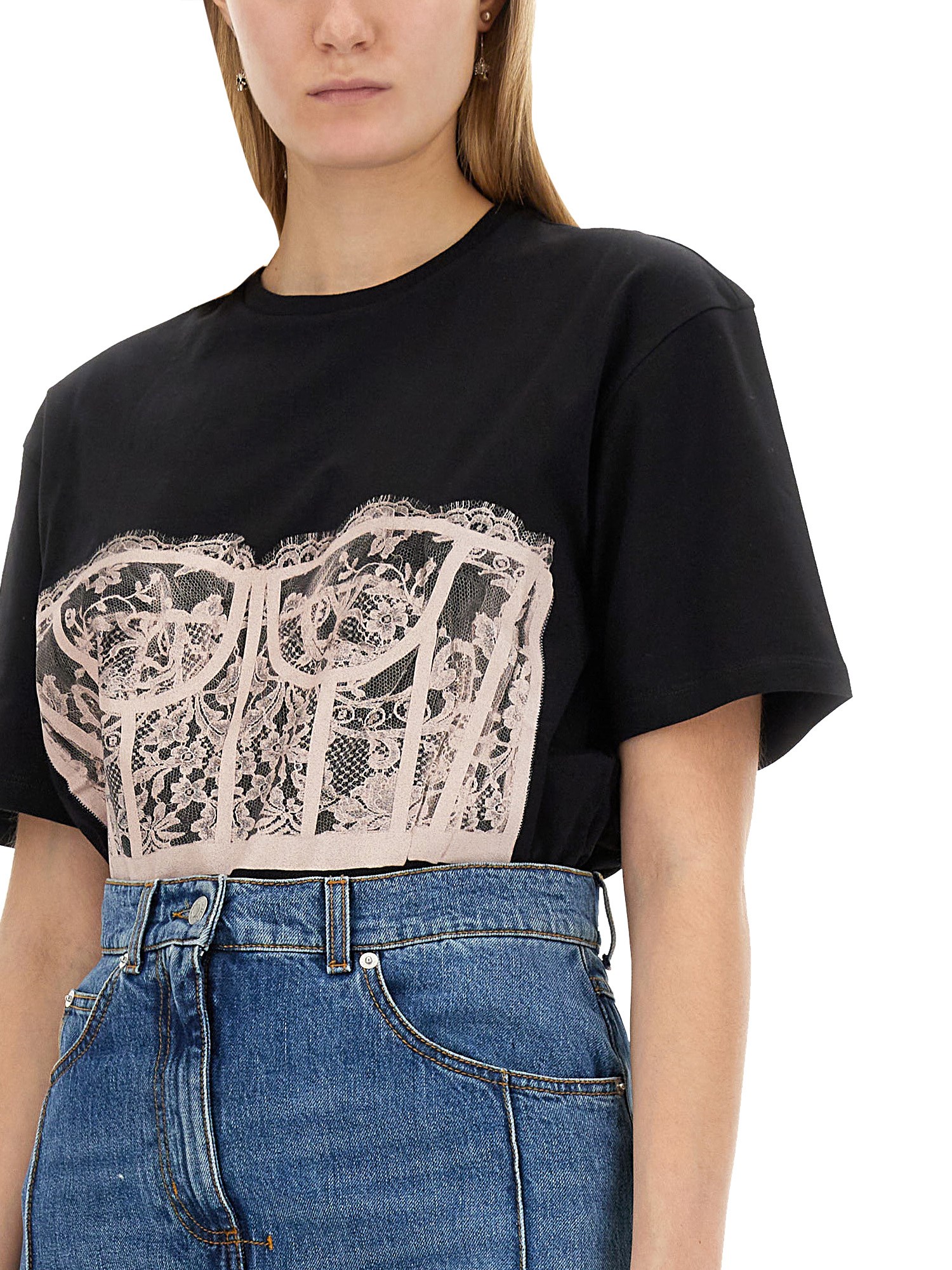 ALEXANDER McQUEEN    COTTON JERSEY T-SHIRT WITH LACE CORSET PRINT