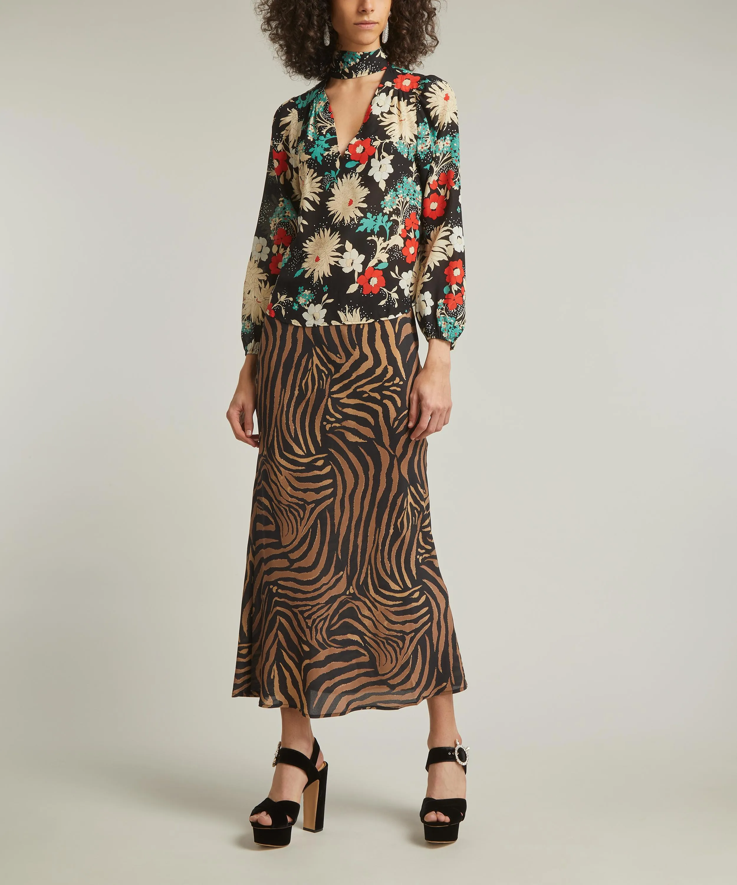 Ardith Silk Crepe de Chine Tiger Patchwork Midi Skirt