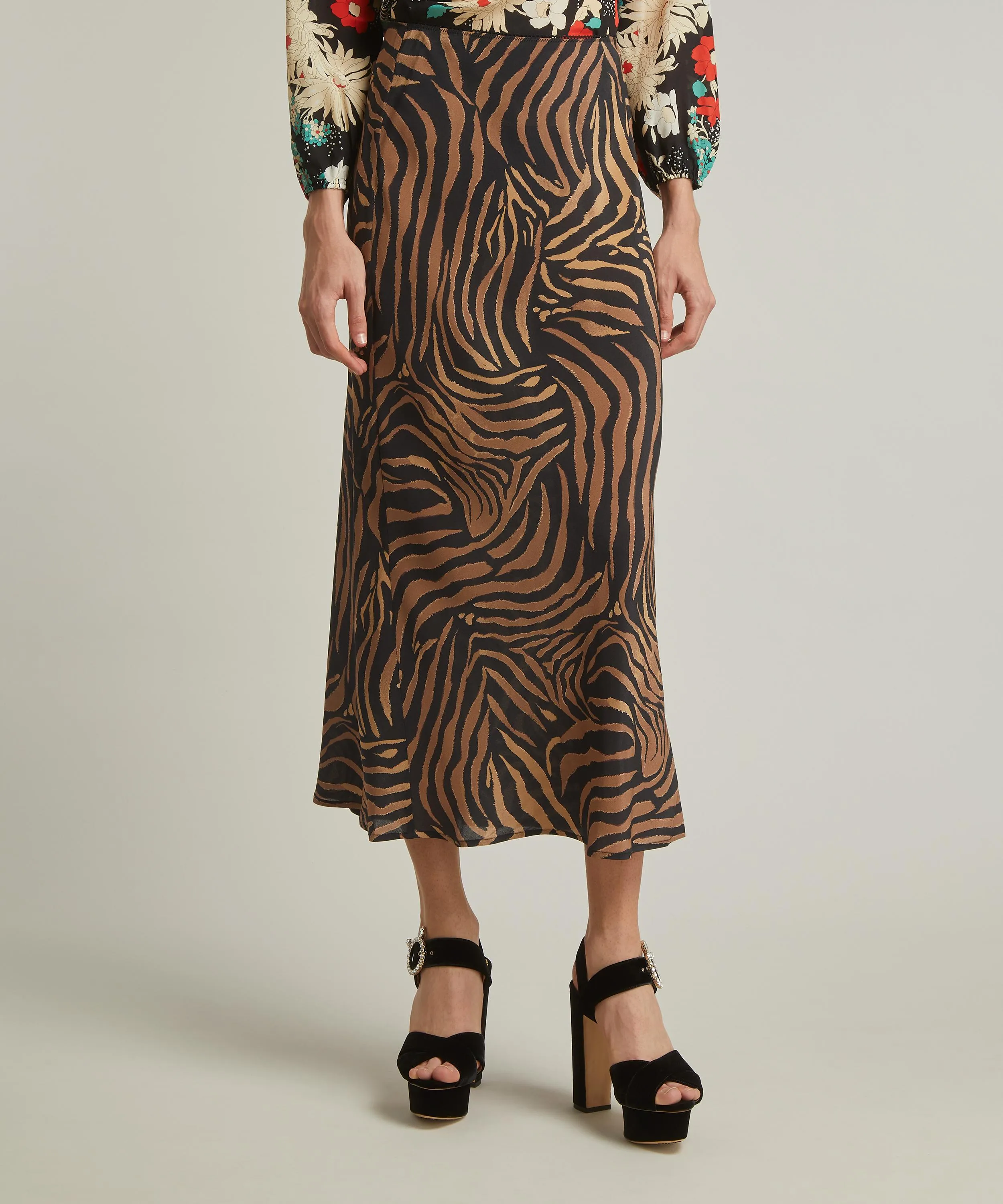 Ardith Silk Crepe de Chine Tiger Patchwork Midi Skirt