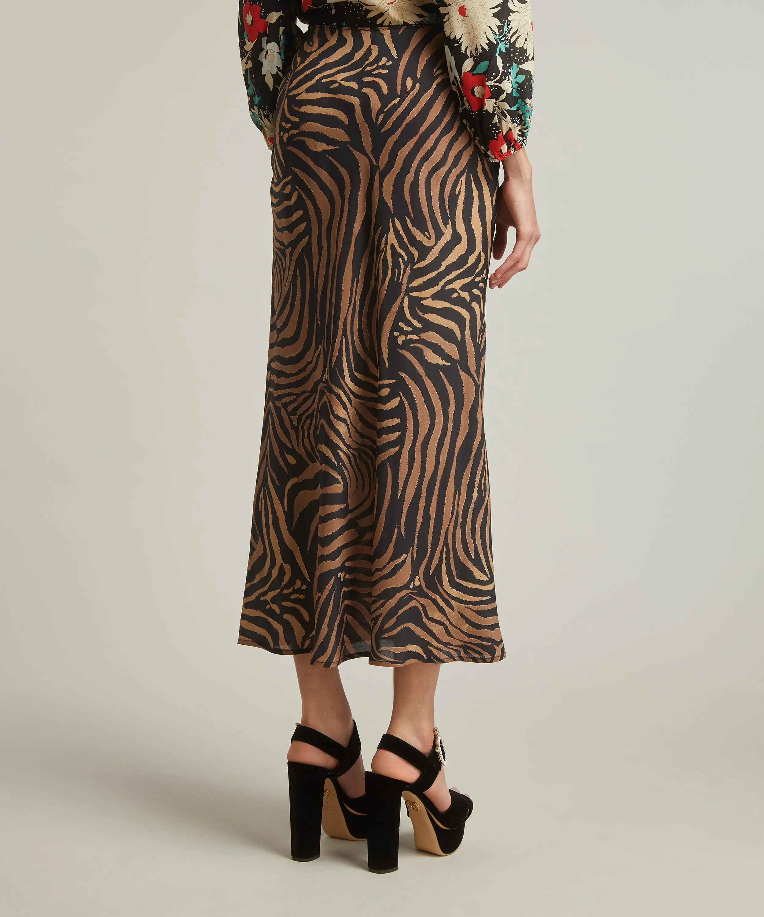 Ardith Silk Crepe de Chine Tiger Patchwork Midi Skirt