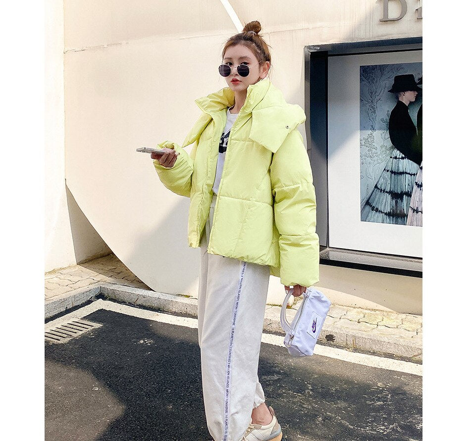 Ashore Shop winter new Korean style fluffy hooded bread down jacket women thick loose short jacket