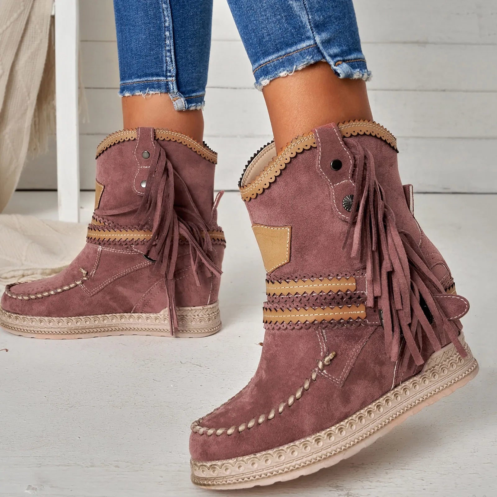 Ashore Shop Womens Boots Flat Vintage Women Fringed Western Cowboy Boots