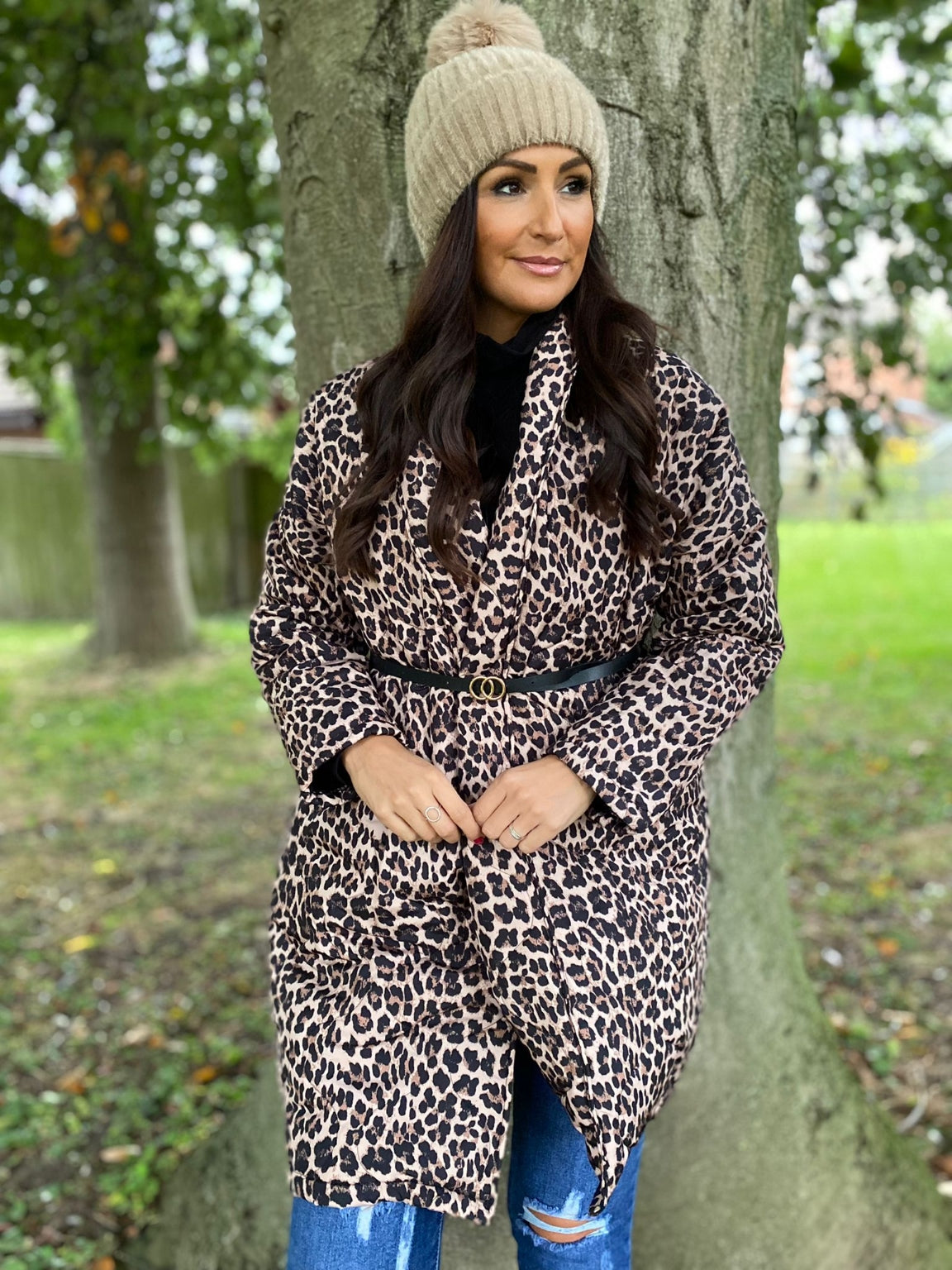 Belted Quilted Leopard Coat Mia