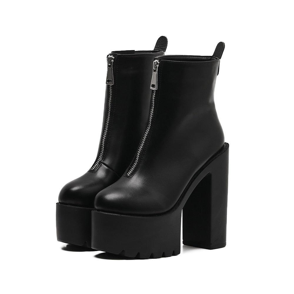 Black Zipper Platform Heel Boots