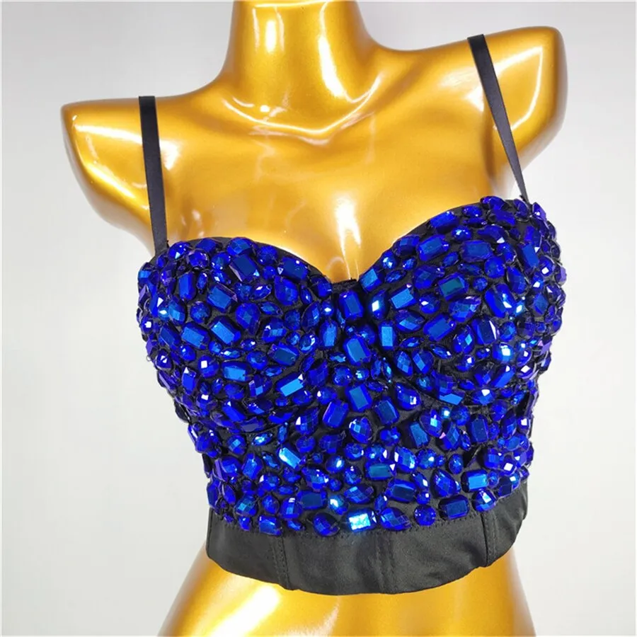 Blue Acrylic Camis Crop Top With Built in Bra Women Sexy Corset To Wear Out Bright Cropped Top Push Up Chest