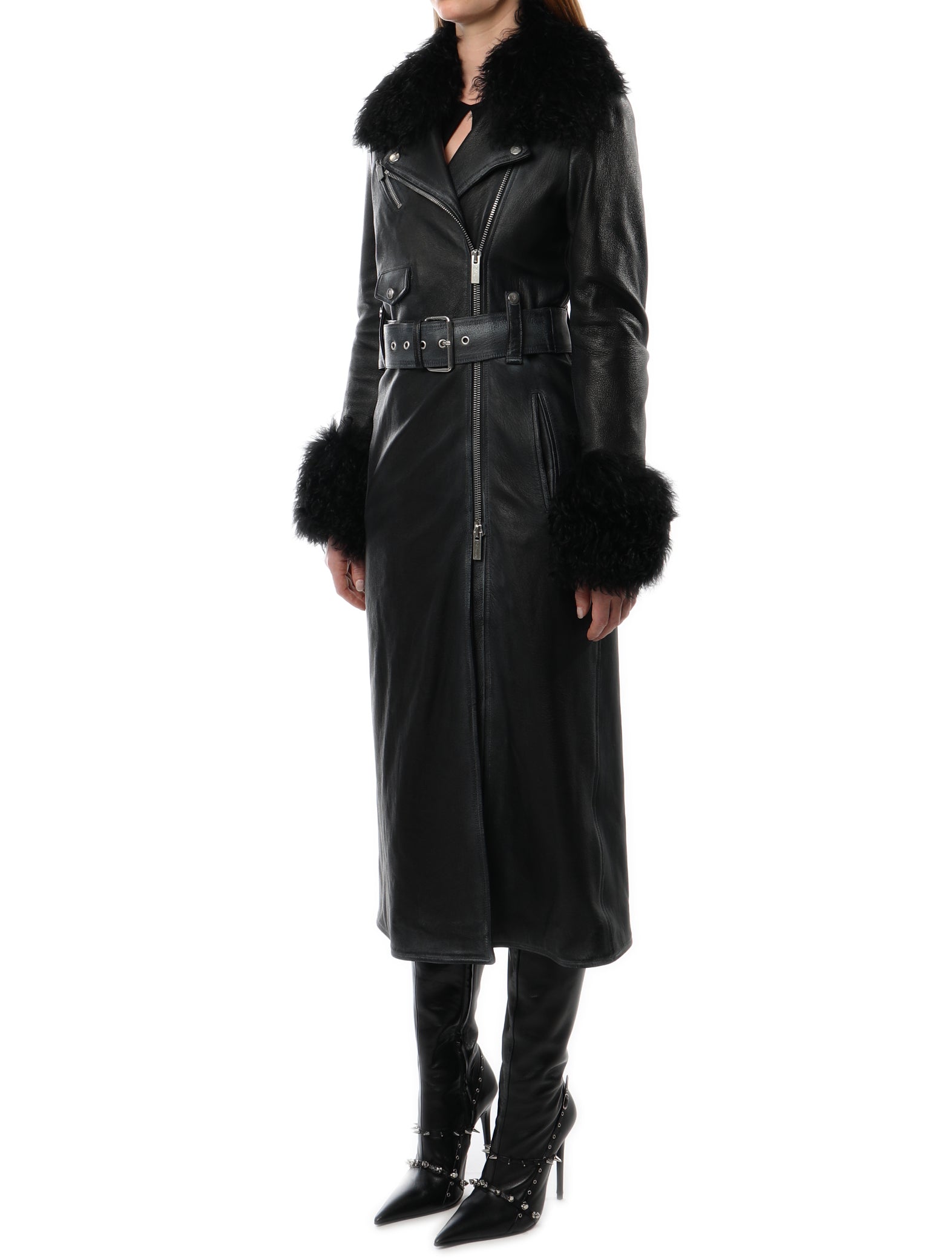 Blumarine Faux Fur Trim Leather Coat