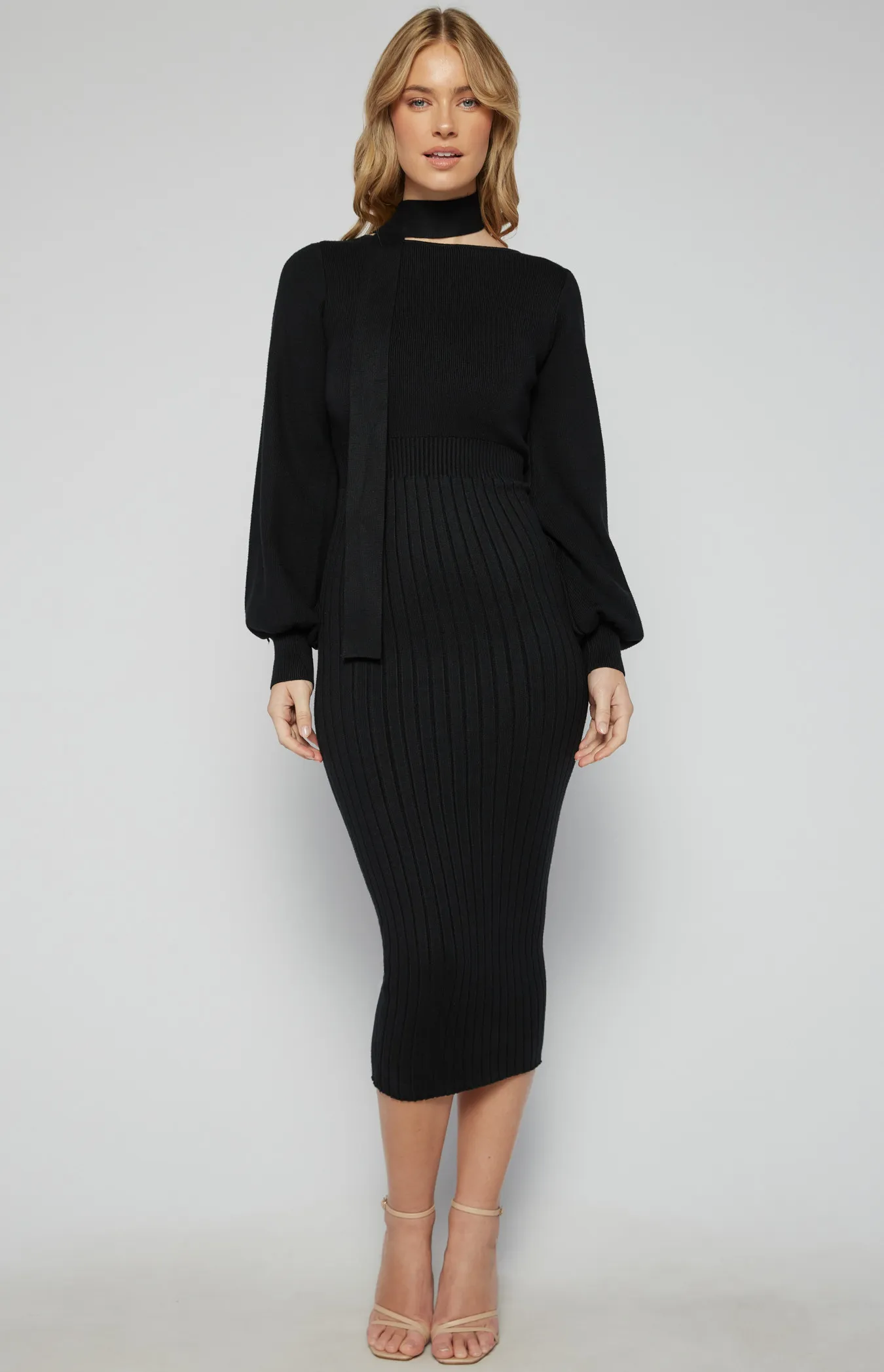 Boat Neckline Bubble Sleeve Contrast Knit Midi Dress (AKN823)