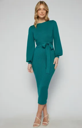 Boat Neckline Bubble Sleeve Contrast Knit Midi Dress (AKN823)