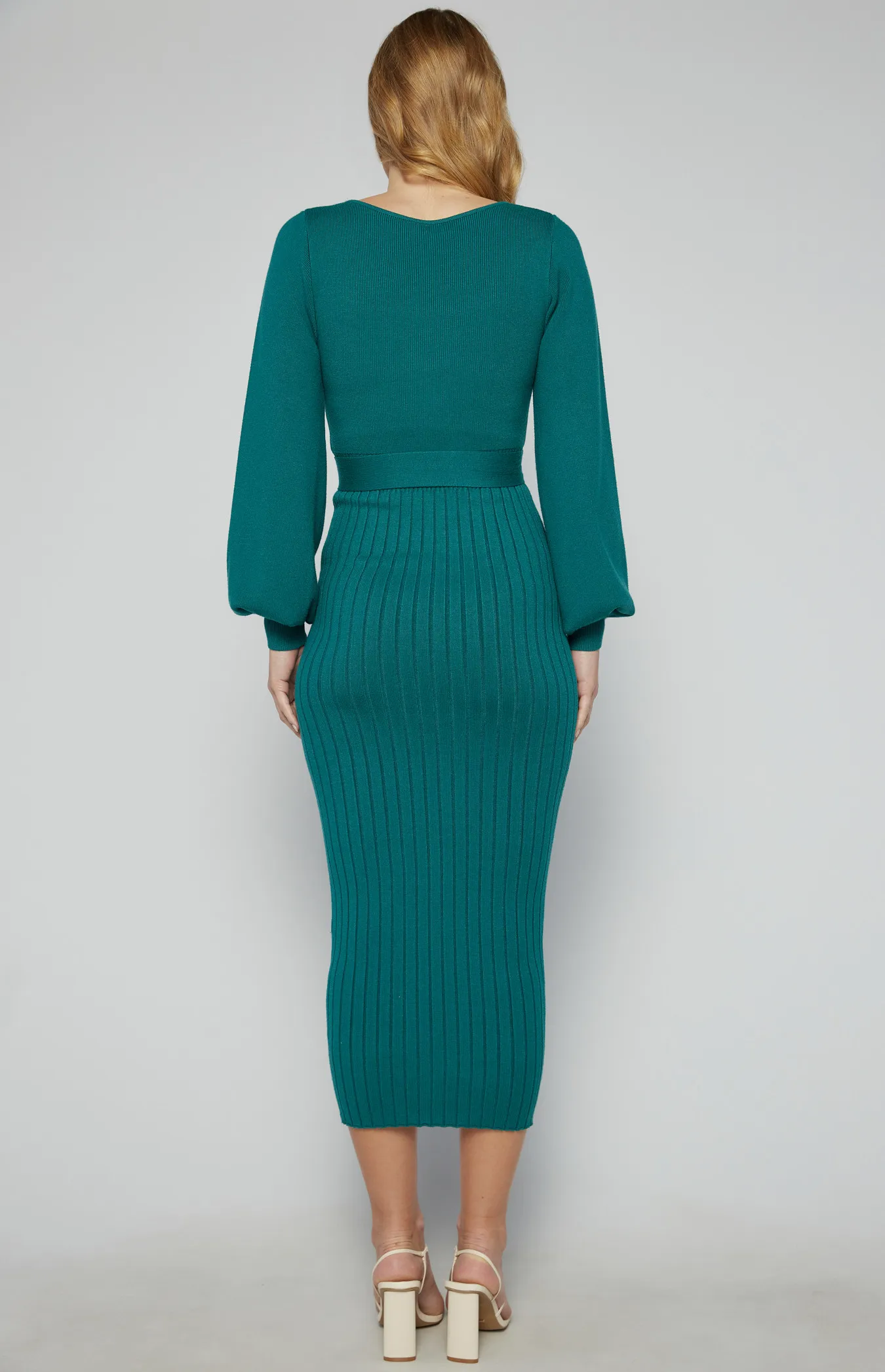 Boat Neckline Bubble Sleeve Contrast Knit Midi Dress (AKN823)