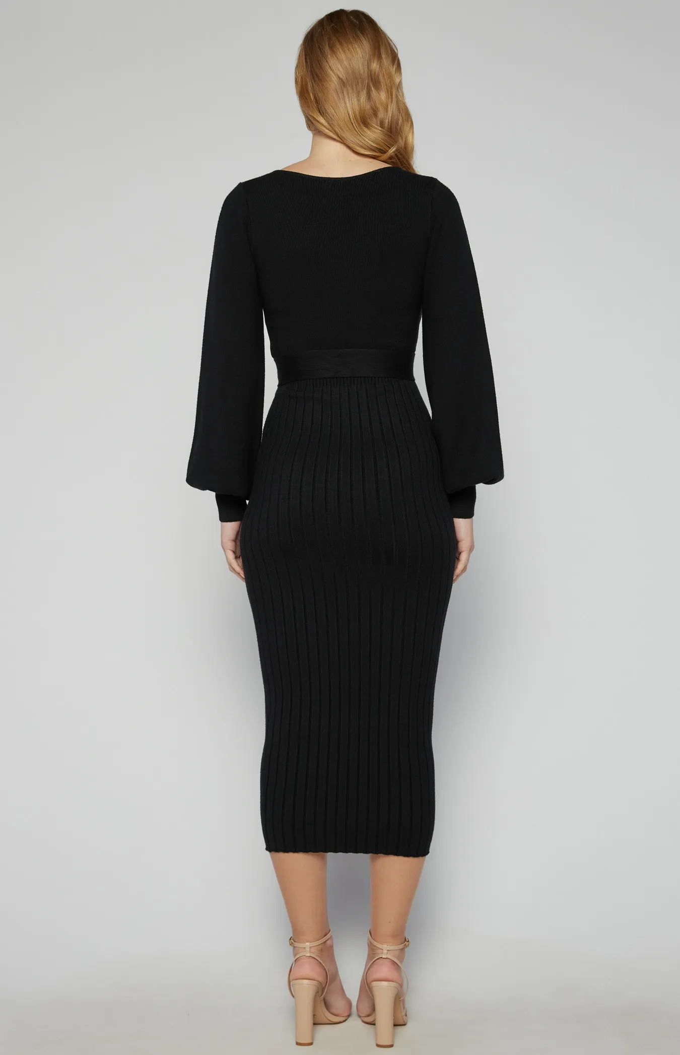 Boat Neckline Bubble Sleeve Contrast Knit Midi Dress (AKN823)