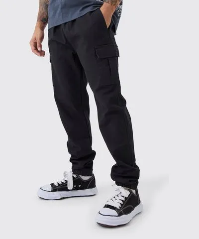 boohoo Mens Slim Fit Elasticated Waist Woven Tab Cuffed Cargo Pants