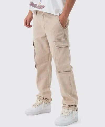 boohoo Mens Straight Heavyweight Twill Acid Washed Cargo Pants