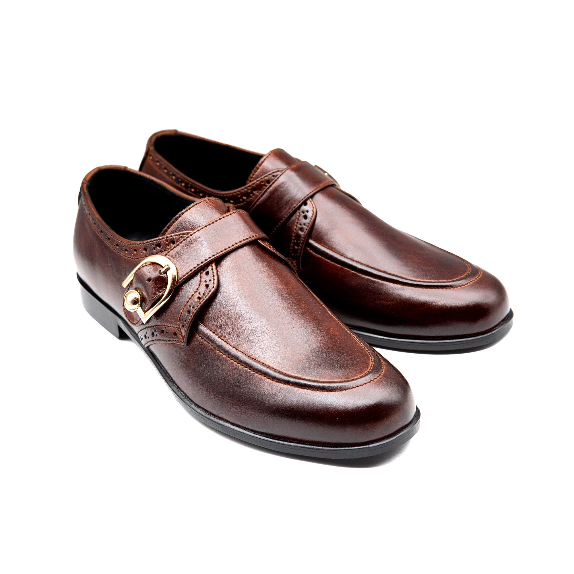 Brown Leather Engraved Monk Executive Shoes