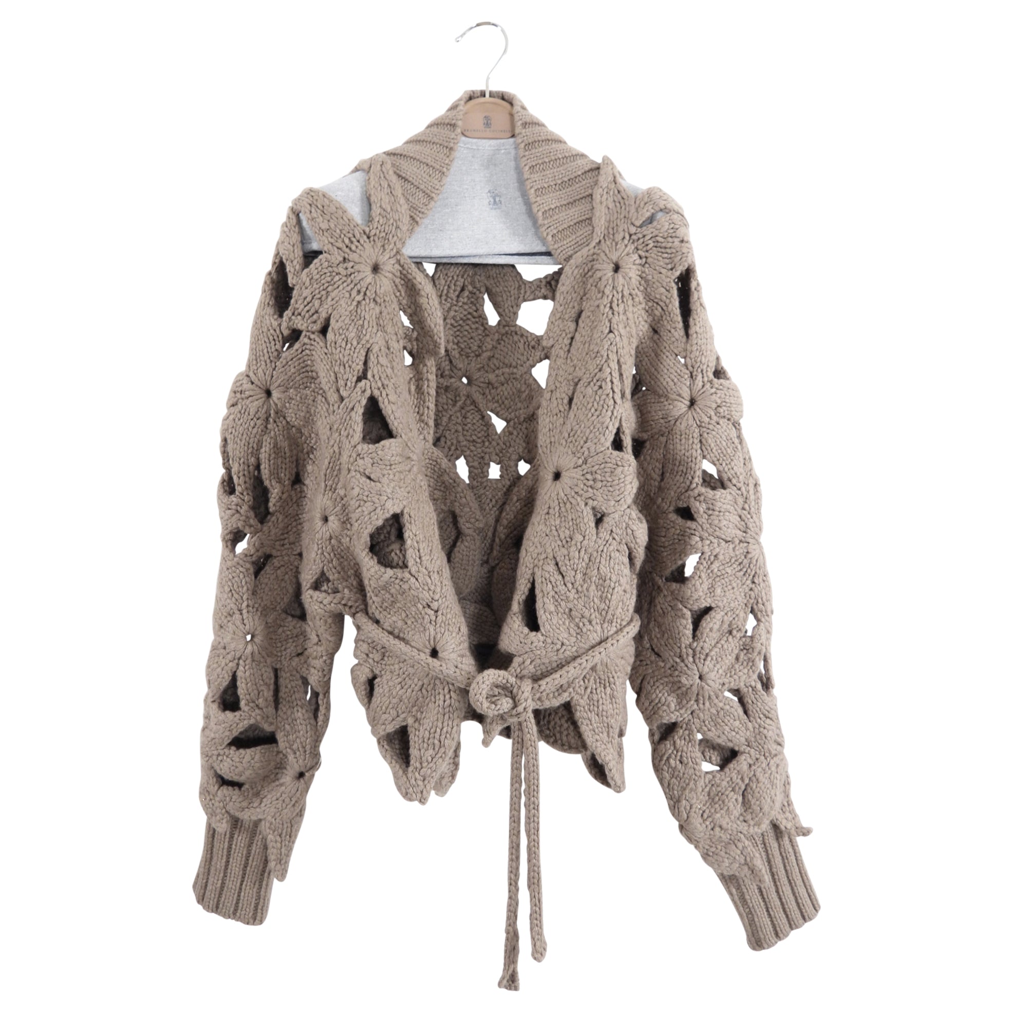 Brunello Cucinelli Taupe Cashmere Flower Knit Cardigan Sweater - S / M