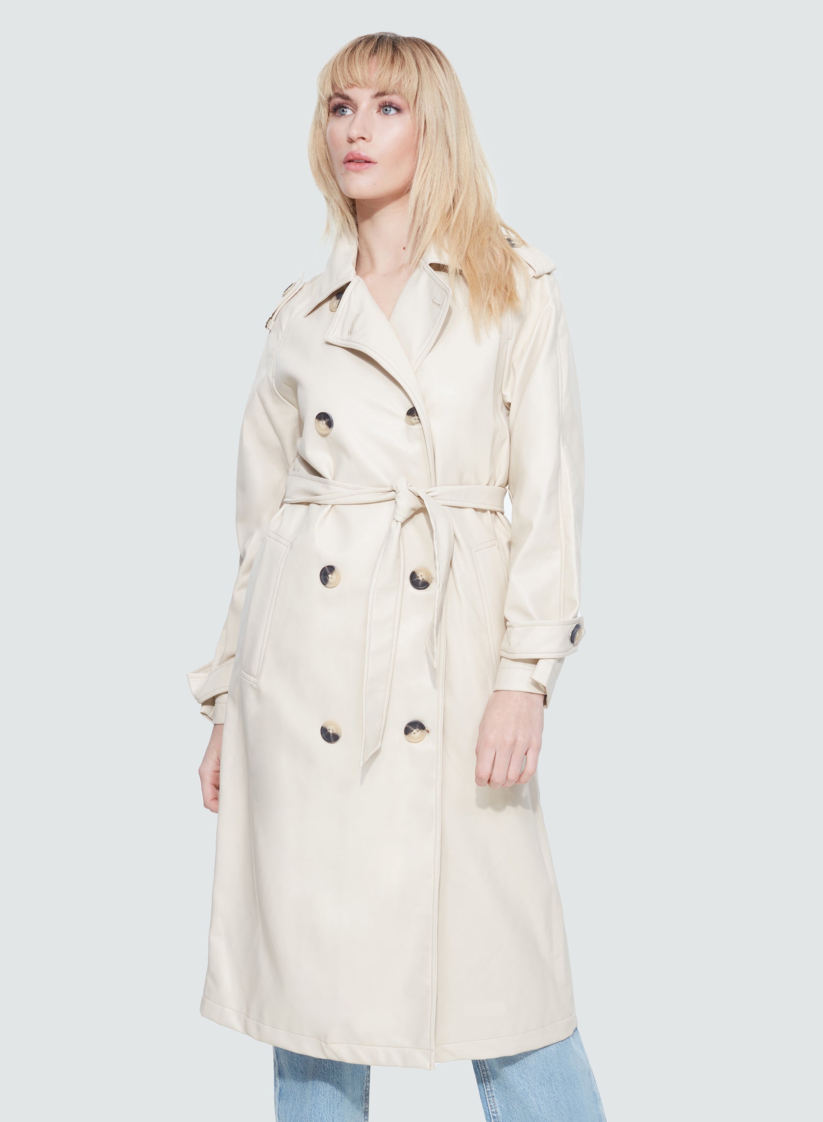 Dex PU Double Breasted Trench Coat In Med ECRU