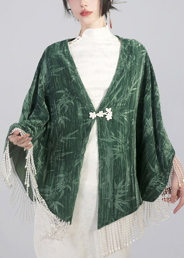 Elegant Green Tasseled Chinese Button Cotton Cape Coats Spring QA1019