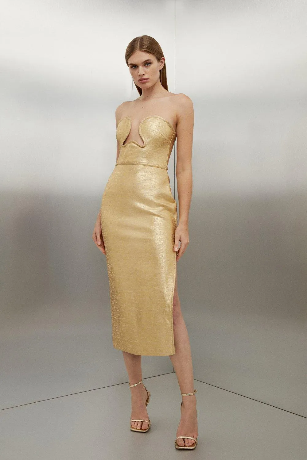 Foiled Figure Form Bandage Corset Detail Knit Midi Dress | Karen Millen