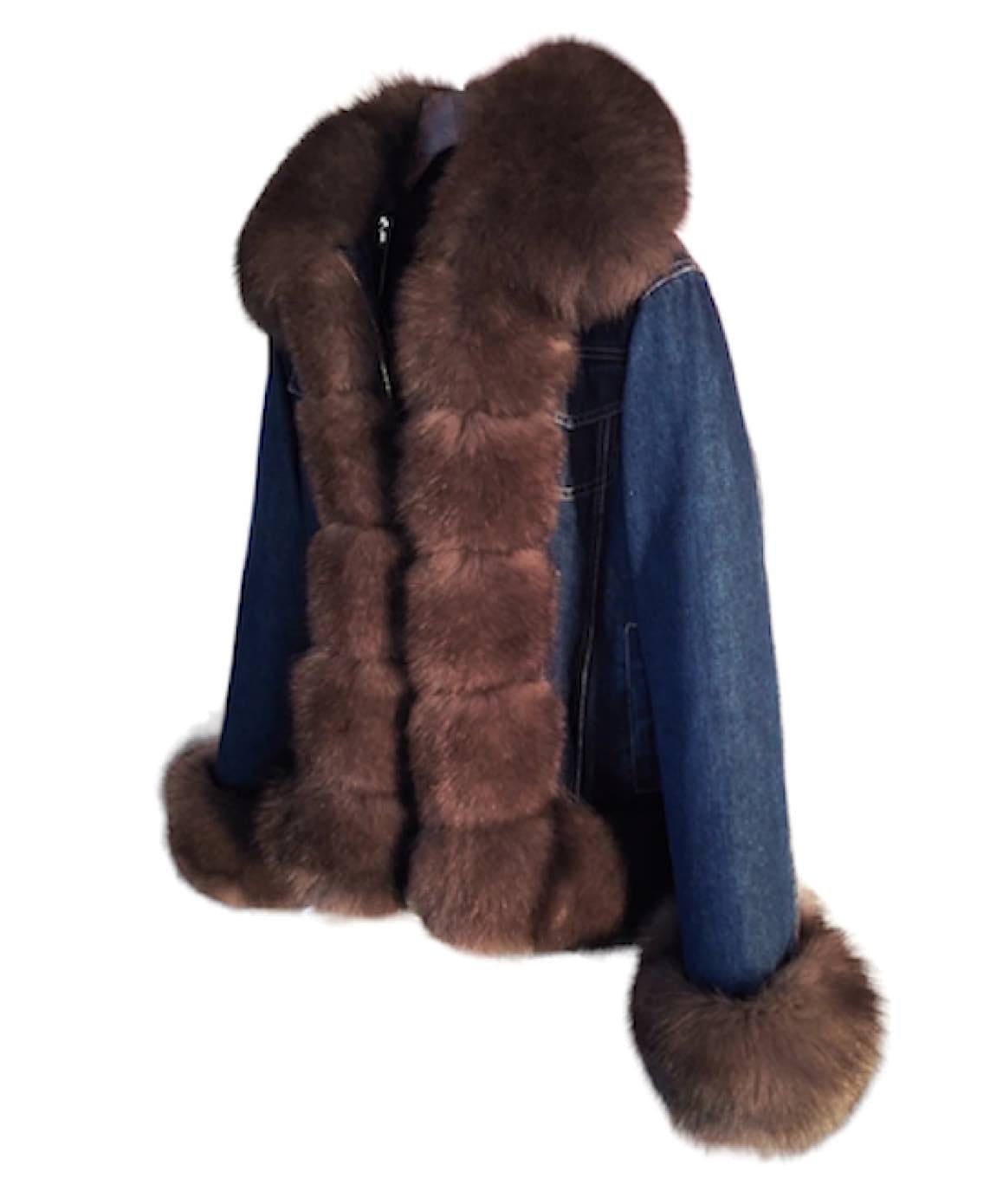 Fox Fur Trimmed Parka Denim Coat With Rabbit Fur Lining In Pink