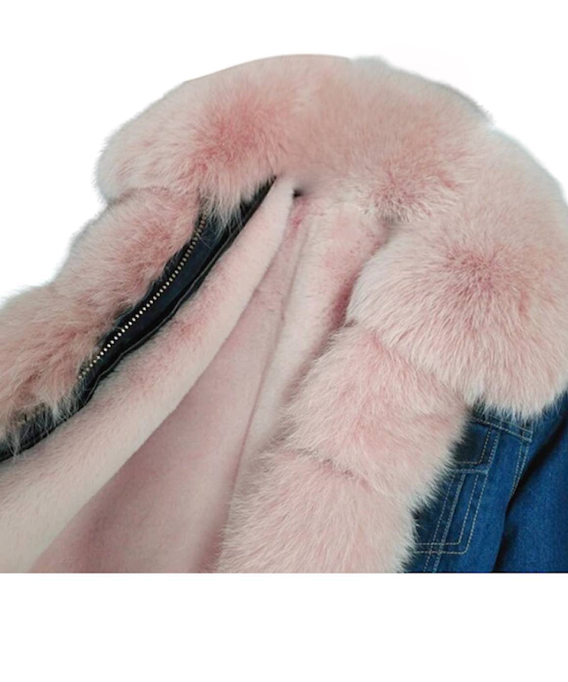 Fox Fur Trimmed Parka Denim Coat With Rabbit Fur Lining In Pink