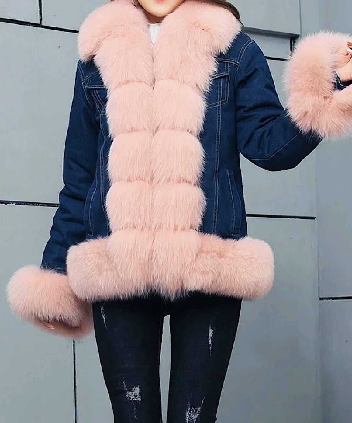 Fox Fur Trimmed Parka Denim Coat With Rabbit Fur Lining In Pink