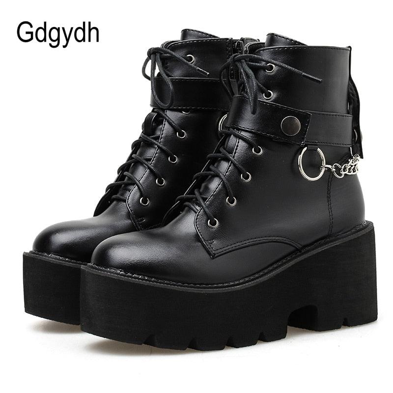 Gdgydh Gothic Leather Platform Ankle Boots with Chain Detail and Block Heel