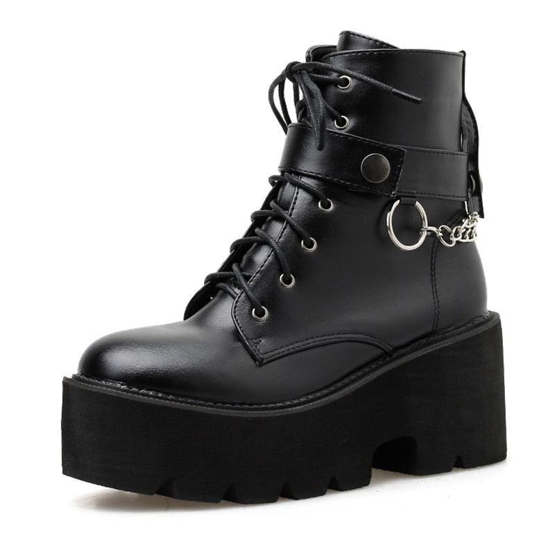 Gdgydh Gothic Leather Platform Ankle Boots with Chain Detail and Block Heel