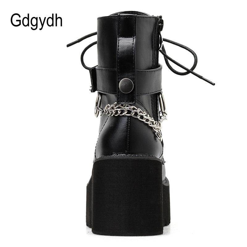 Gdgydh Gothic Leather Platform Ankle Boots with Chain Detail and Block Heel