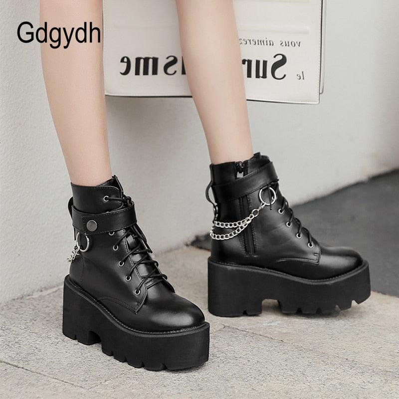 Gdgydh Gothic Leather Platform Ankle Boots with Chain Detail and Block Heel