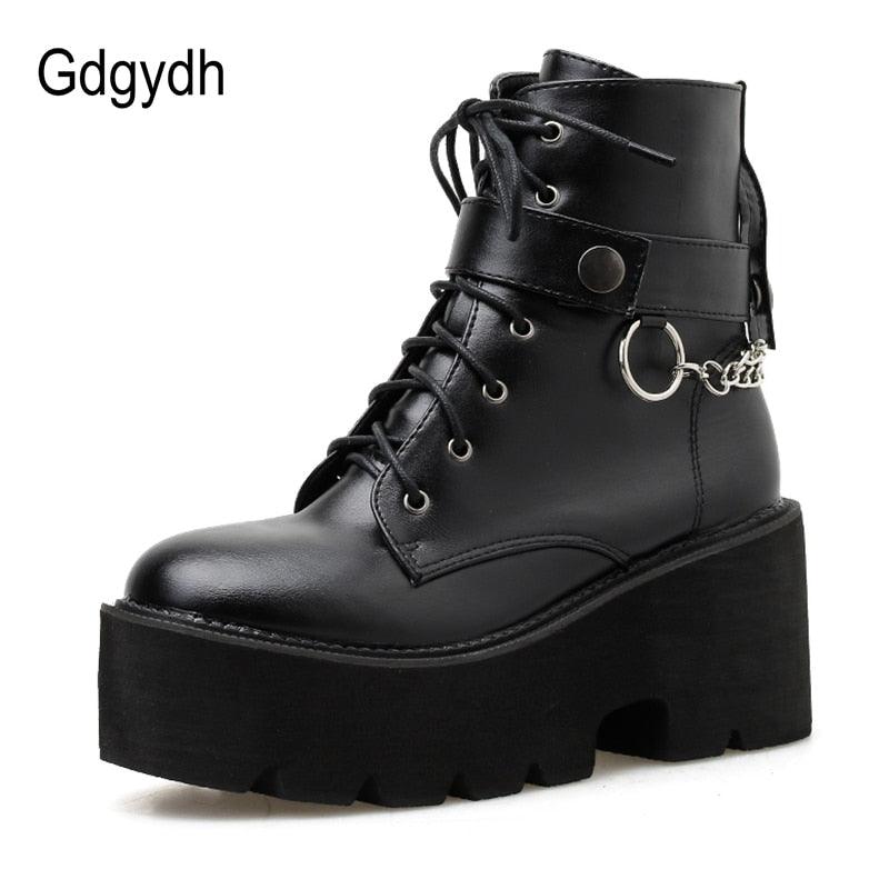 Gdgydh Gothic Leather Platform Ankle Boots with Chain Detail and Block Heel