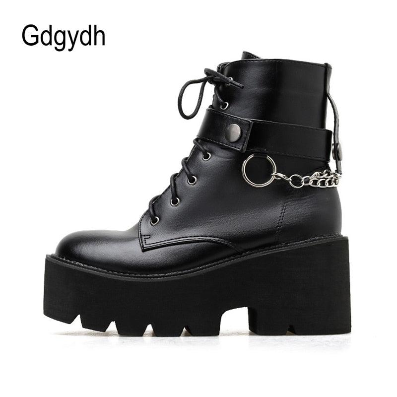 Gdgydh Gothic Leather Platform Ankle Boots with Chain Detail and Block Heel