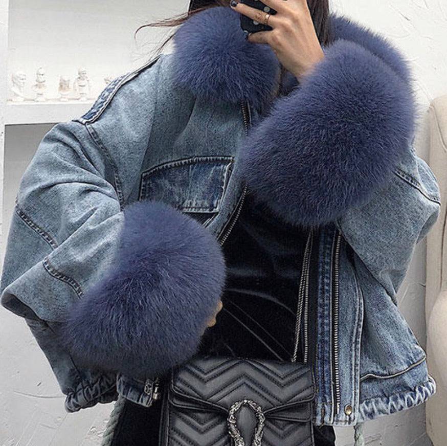 Genuine Fox Fur Trimmed Denim Jackets