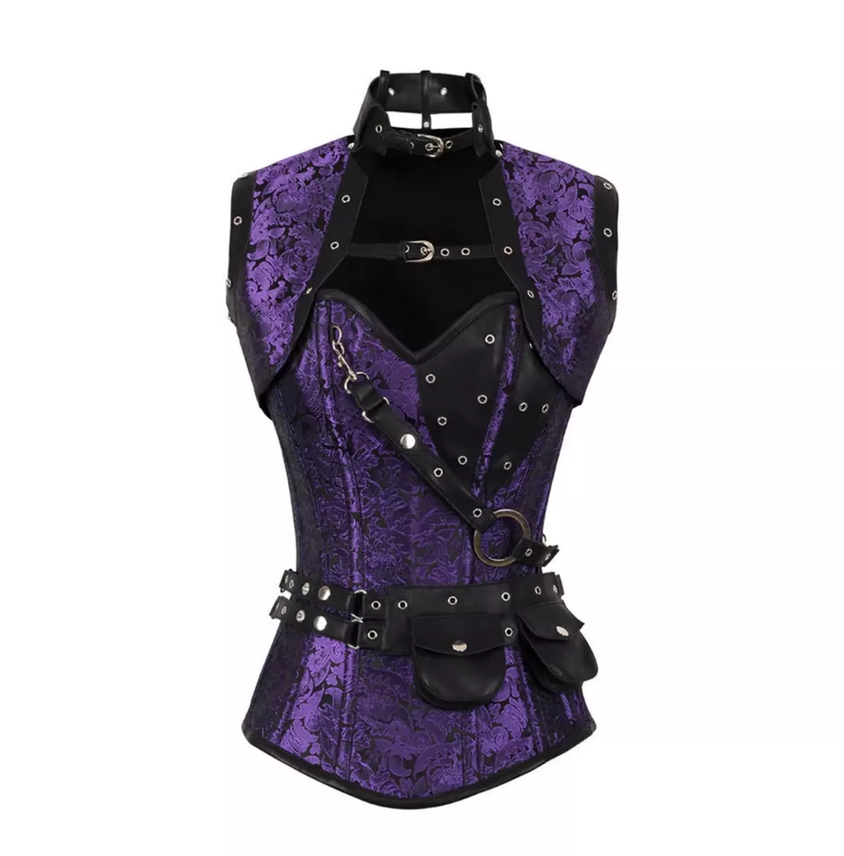 Goth Purple Brocade Overbust Corset With PU Leather Accents & Steel Bones