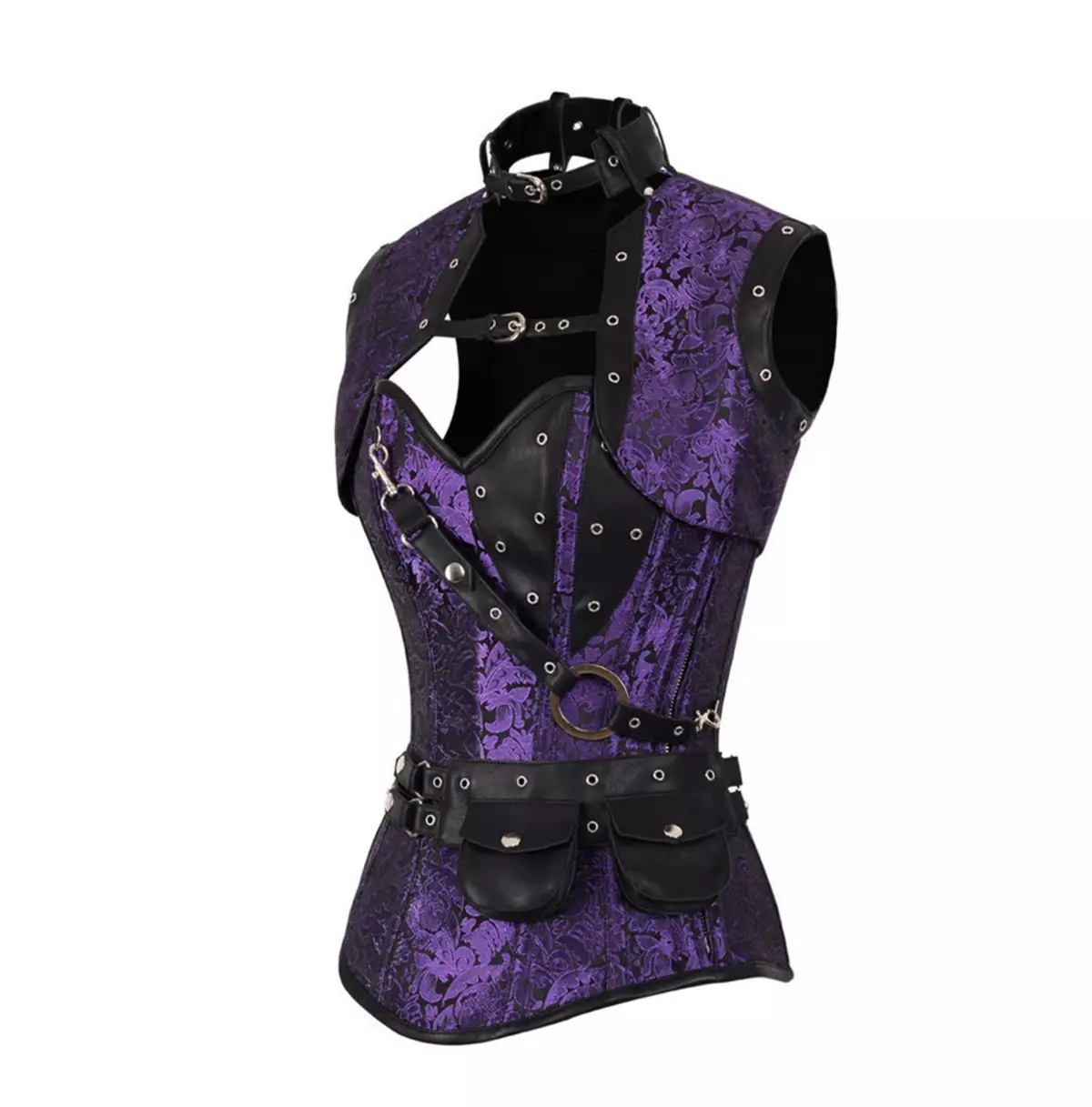 Goth Purple Brocade Overbust Corset With PU Leather Accents & Steel Bones