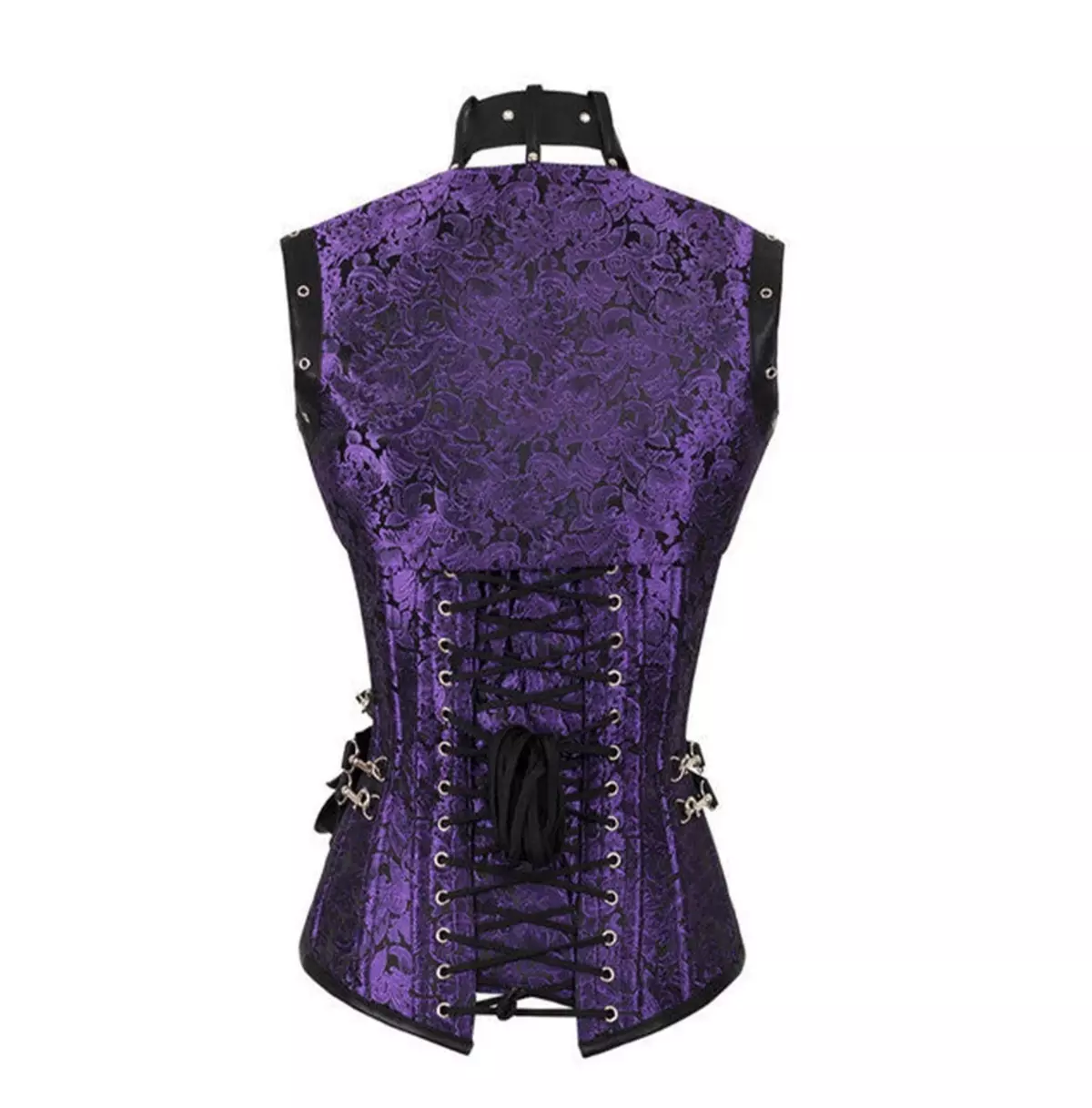 Goth Purple Brocade Overbust Corset With PU Leather Accents & Steel Bones