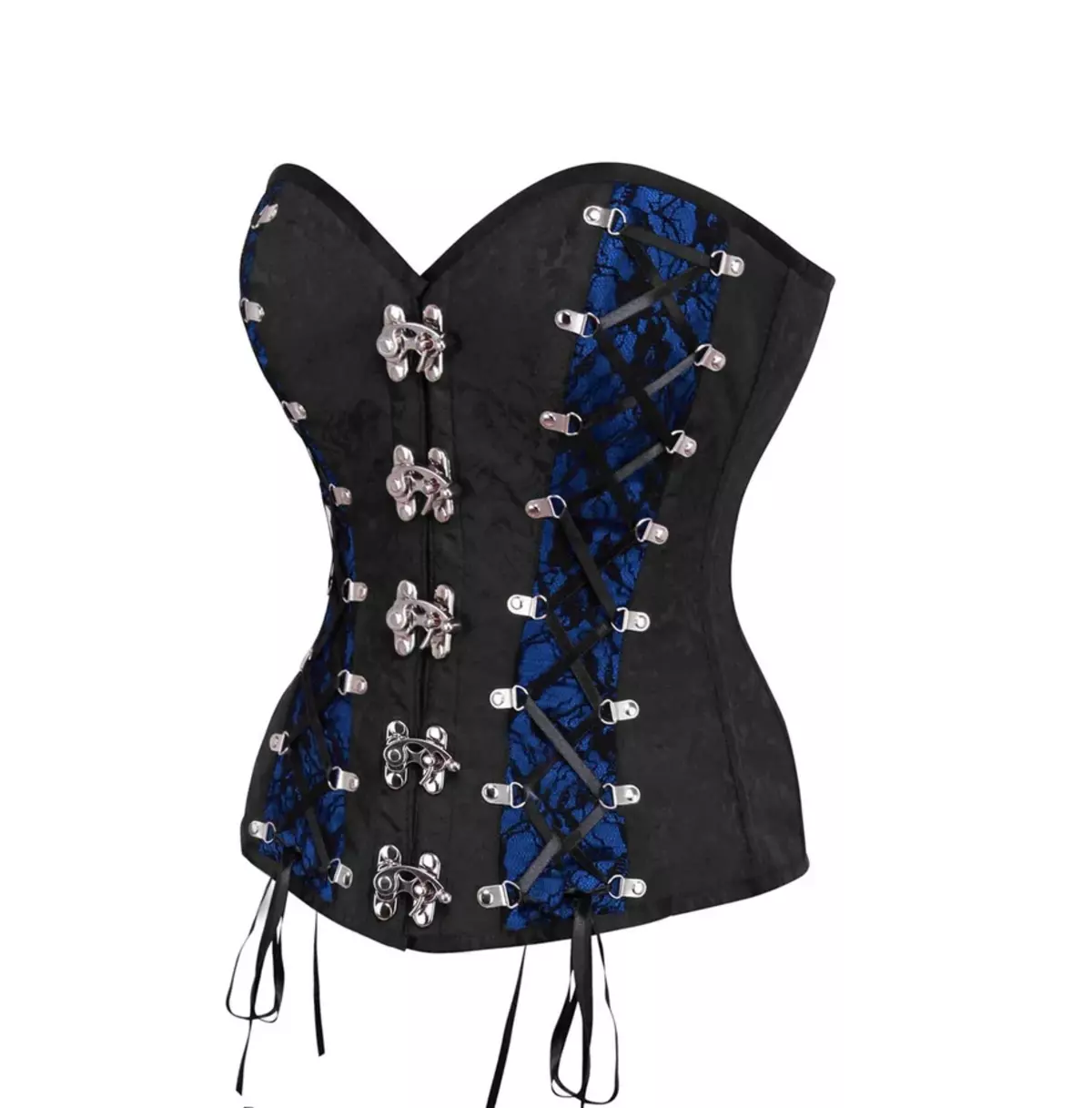 Gothic Black Brocade Blue Satin Overbust Corset Steel Boning Full Coverage