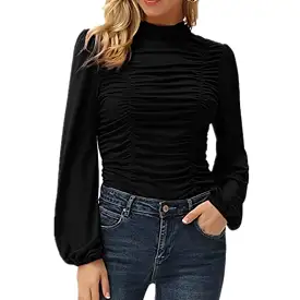 Haute Edition Women's Puff Sleeve Ruched Fitted Turtleneck Top