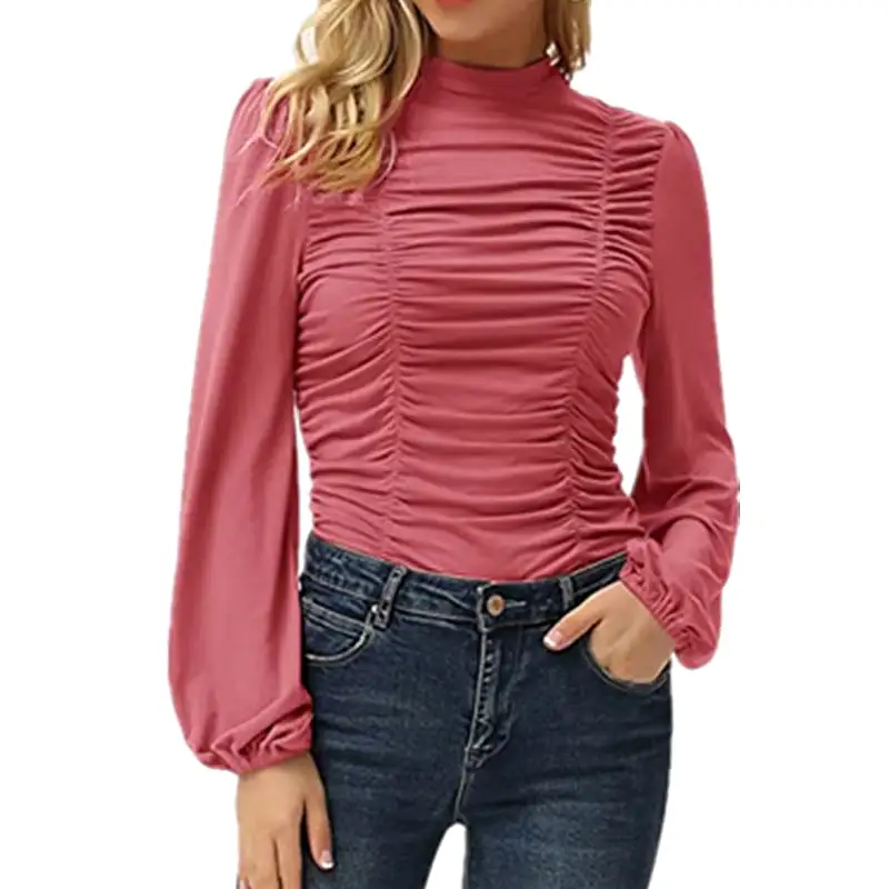 Haute Edition Women's Puff Sleeve Ruched Fitted Turtleneck Top