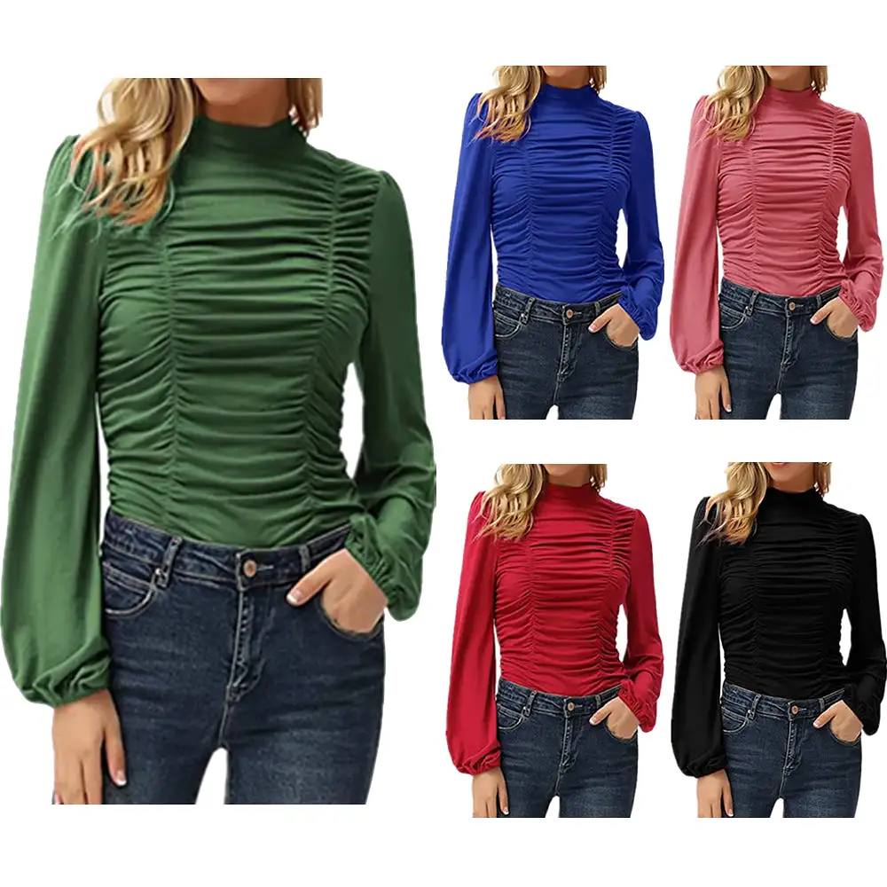 Haute Edition Women's Puff Sleeve Ruched Fitted Turtleneck Top