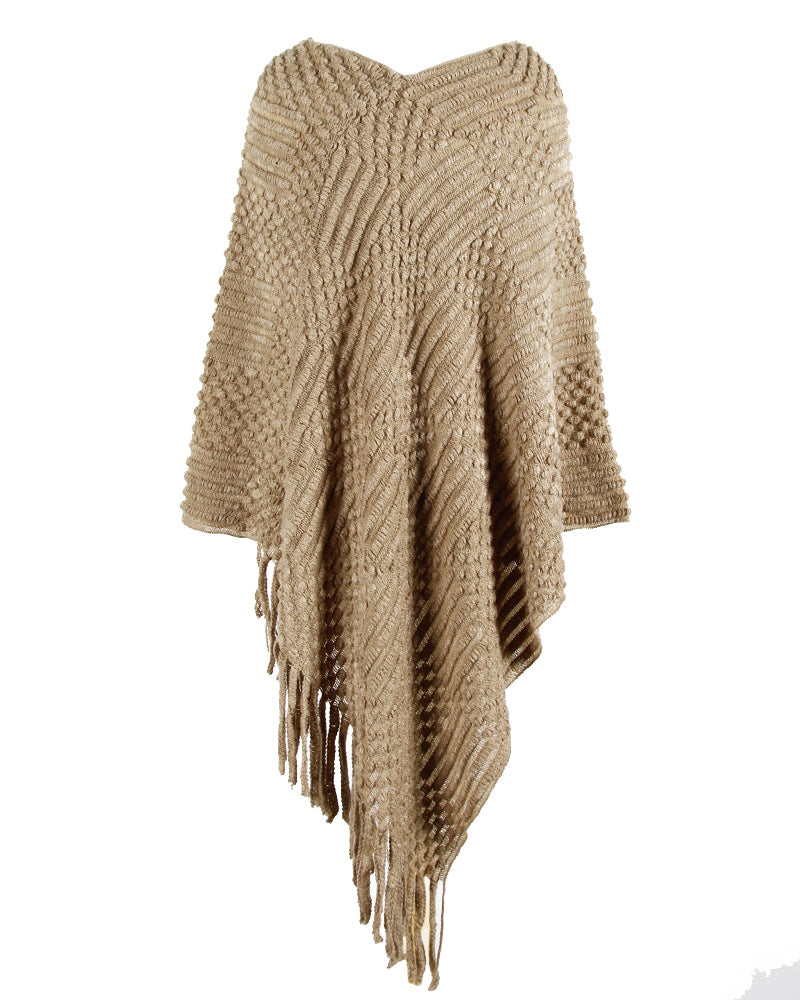 Haute Edition Women's Solid Fringed Sweater Poncho with Pom Poms. One size fits all (S-XL).