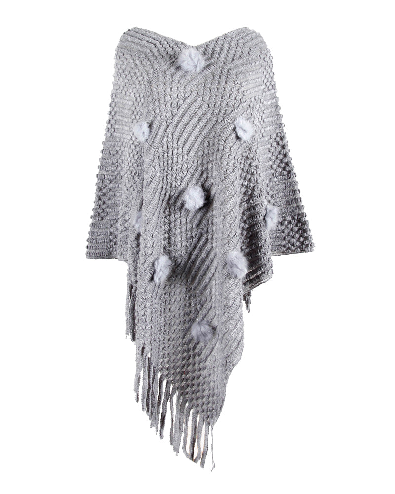 Haute Edition Women's Solid Fringed Sweater Poncho with Pom Poms. One size fits all (S-XL).