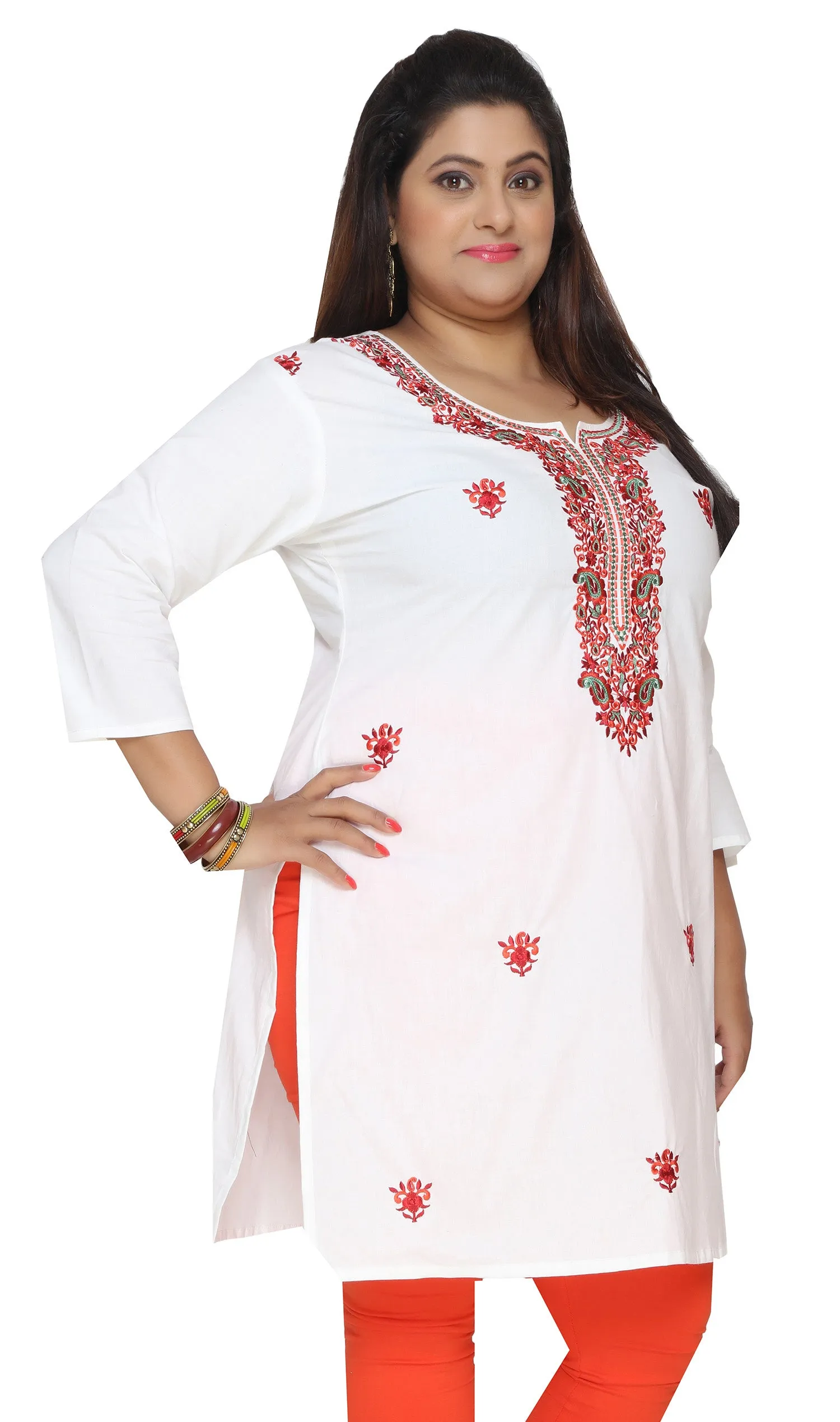 India Tunic Long Top Cotton Kurti Womens Plus Size Indian Clothes (Off-White)