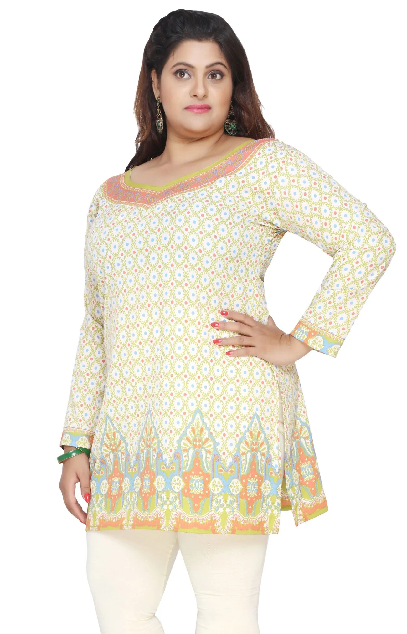 India Tunic Top Kurti Womens Printed Plus Size Indian Clothes (Green)