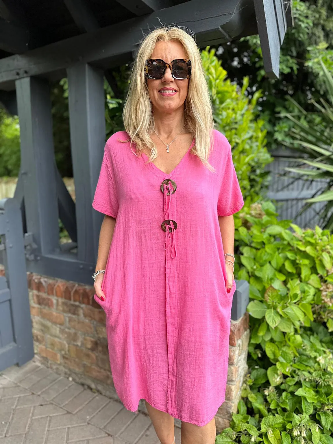 Lipstick Pink V Neck Button Tunic Dress Sandra