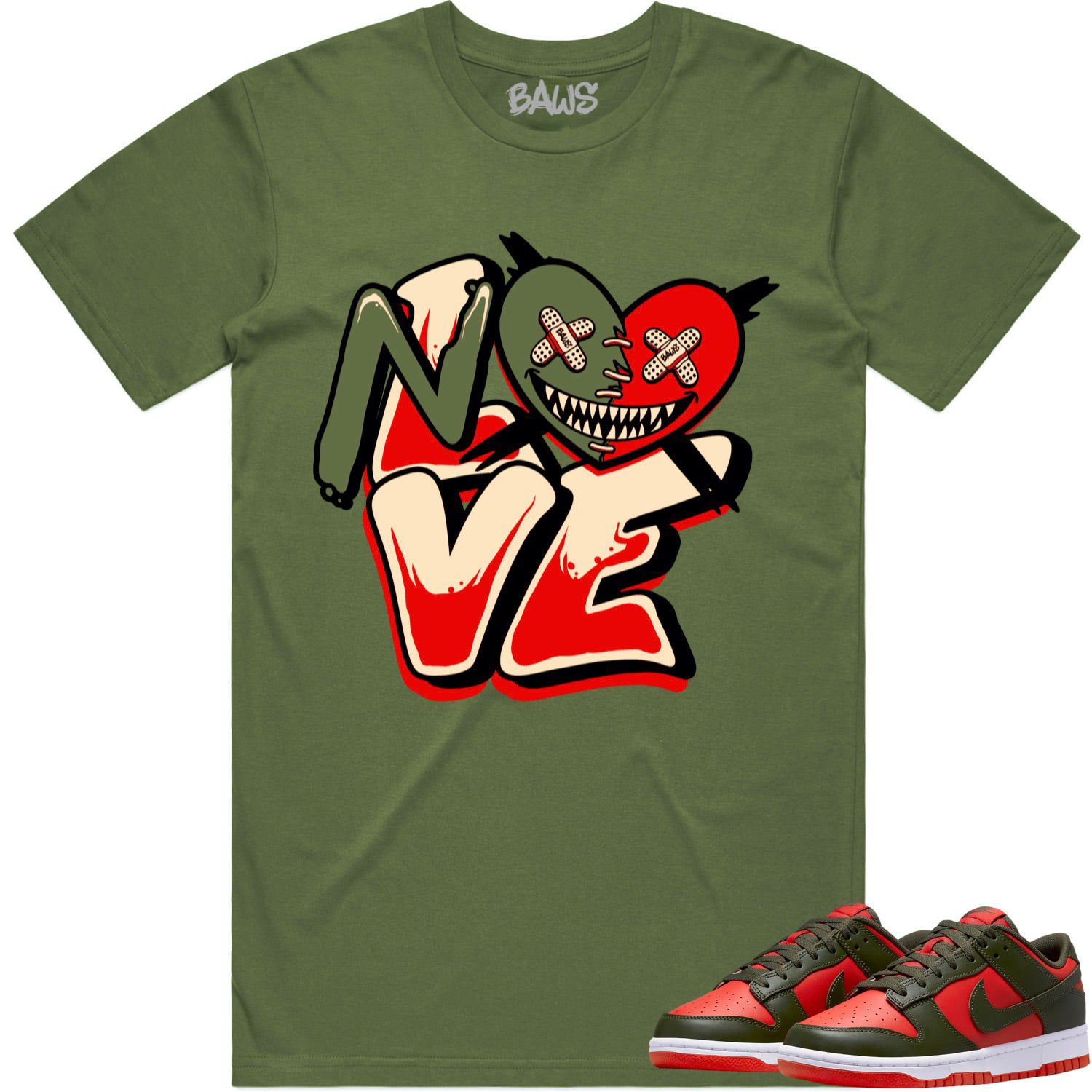 Mystic Red Dunks Shirt to Match - OLIVE NO LOVE BAWS